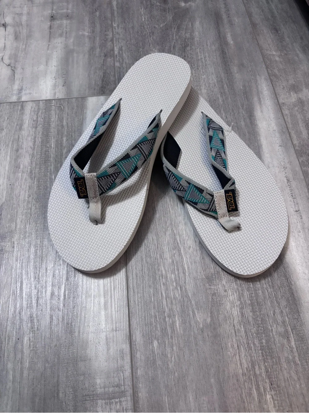 Teva White Flip Flops with Teal and Gray Patterned Straps